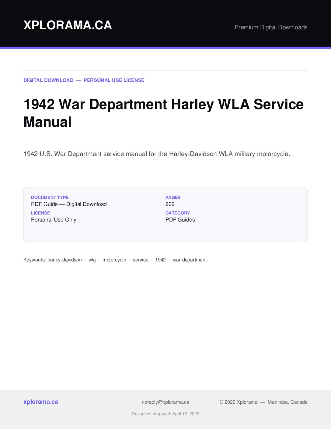 1942 War Dept Harley Davidson WLA Service Manual - Official PDF