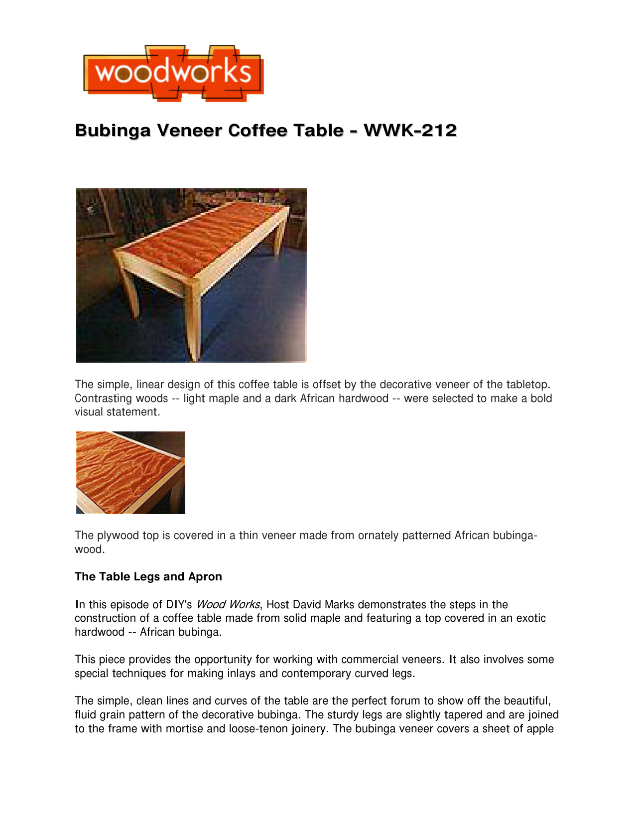 Bubinga Veneer Coffee Table Woodworking Plans WWK-212 V1 PDF