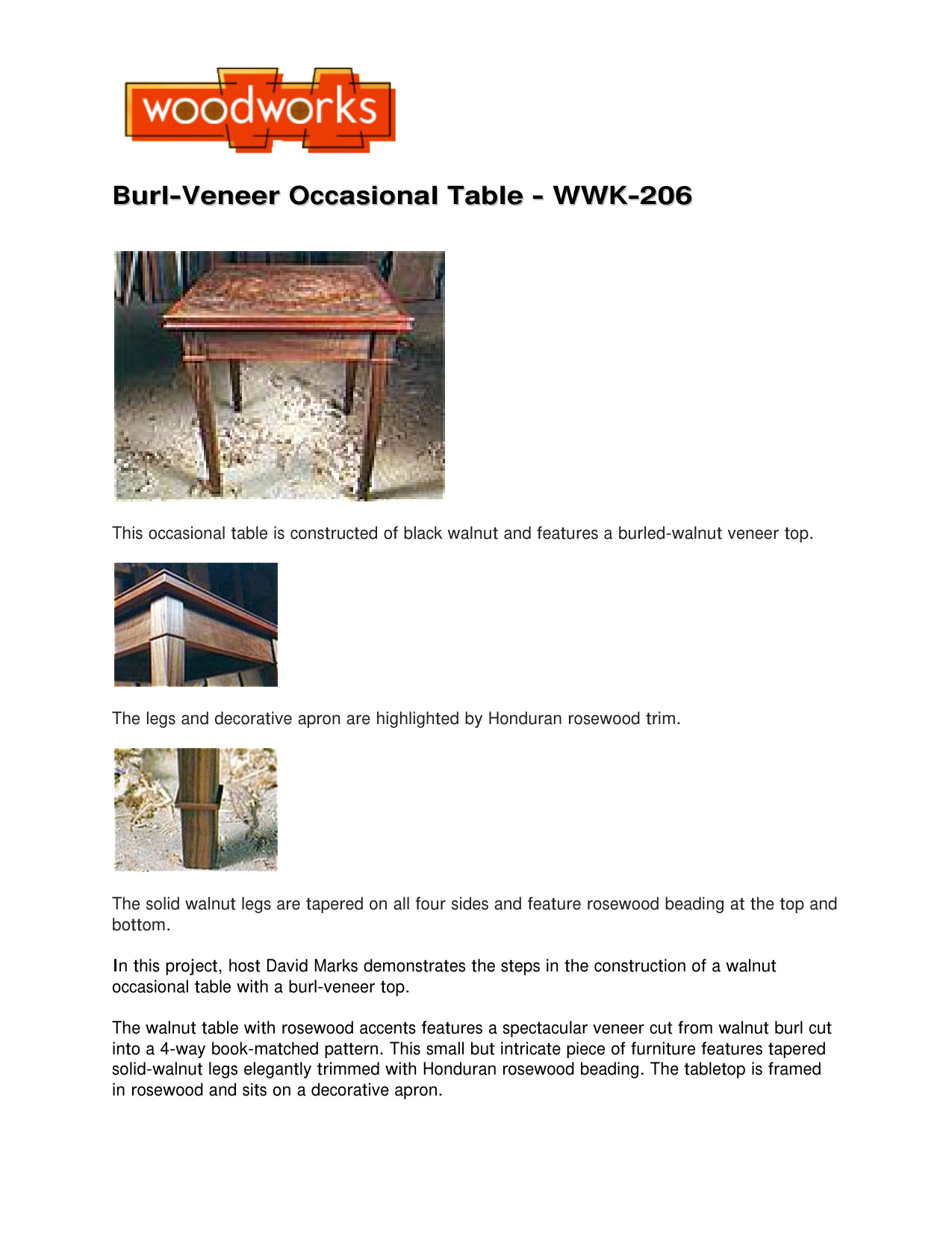 Burl Veneer Occasional Table Woodworking Plans WWK-206 PDF Guide
