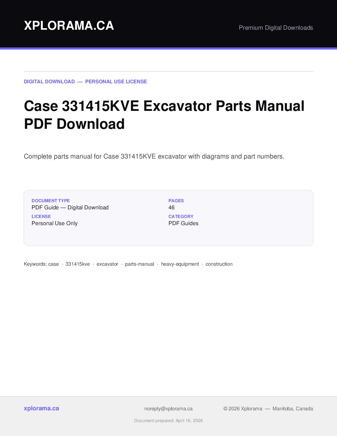 Case 331 415KVE Excavator Parts Manual PDF - Complete Catalog
