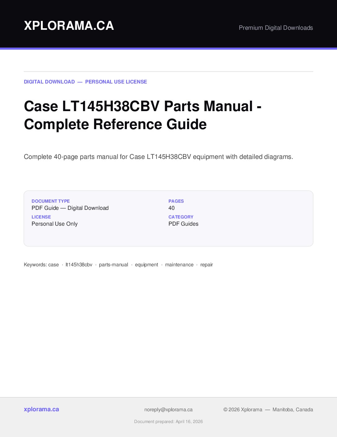 Case LT145H38CBV Parts Manual - Complete PDF Guide