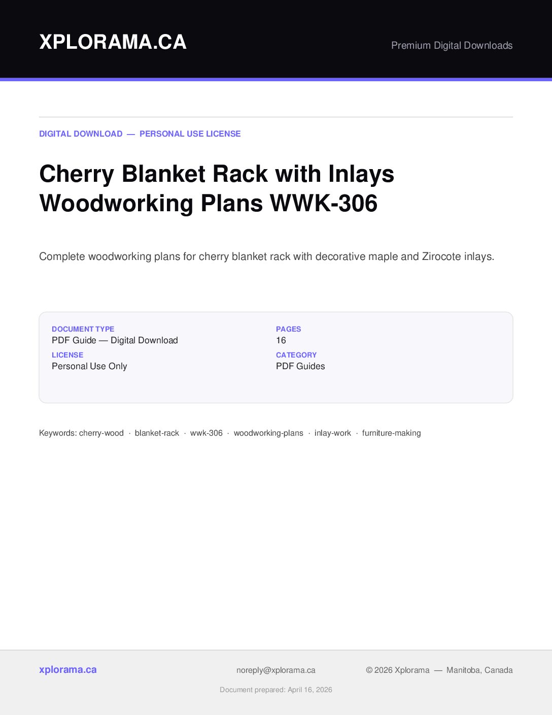 Cherry Blanket Rack Inlays Woodworking Plan WWK-306-NC PDF Guide