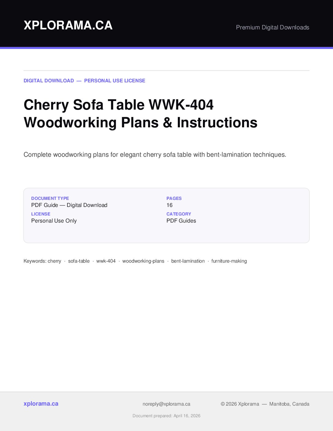 Cherry Sofa Table WWK-404 Woodworking Plans PDF Guide
