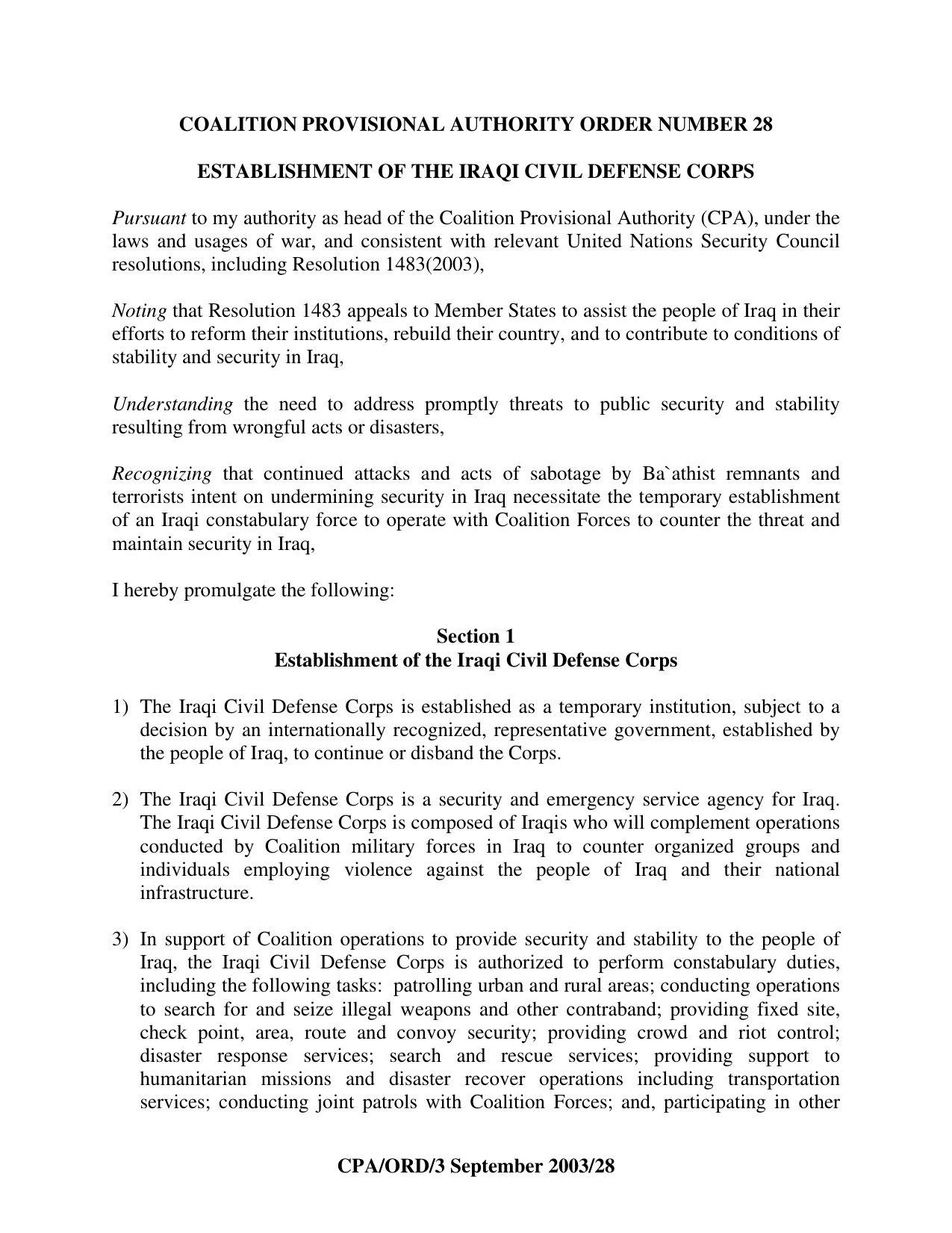 Iraqi Civil Defense Corps Order 28 - Coalition Provisional Authority