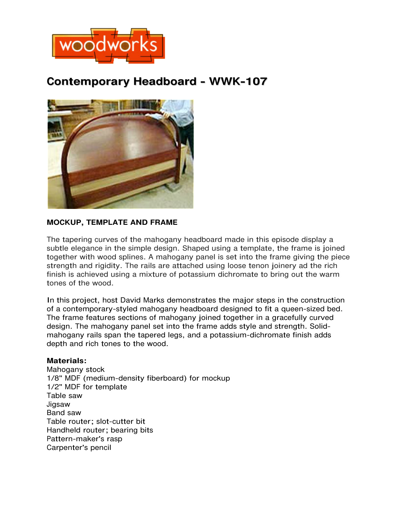 Contemporary Mahogany Headboard Woodworking Plans WWK-107 PDF Guide