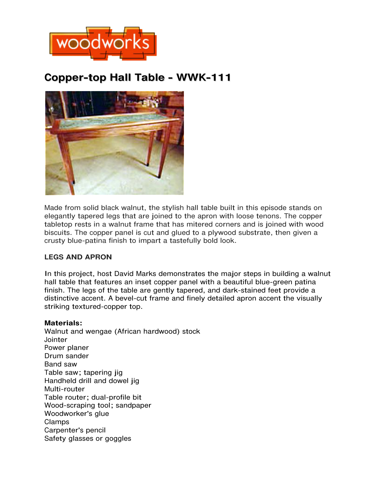 Copper Top Hall Table Build Guide WWK-111 Woodworking Plans PDF