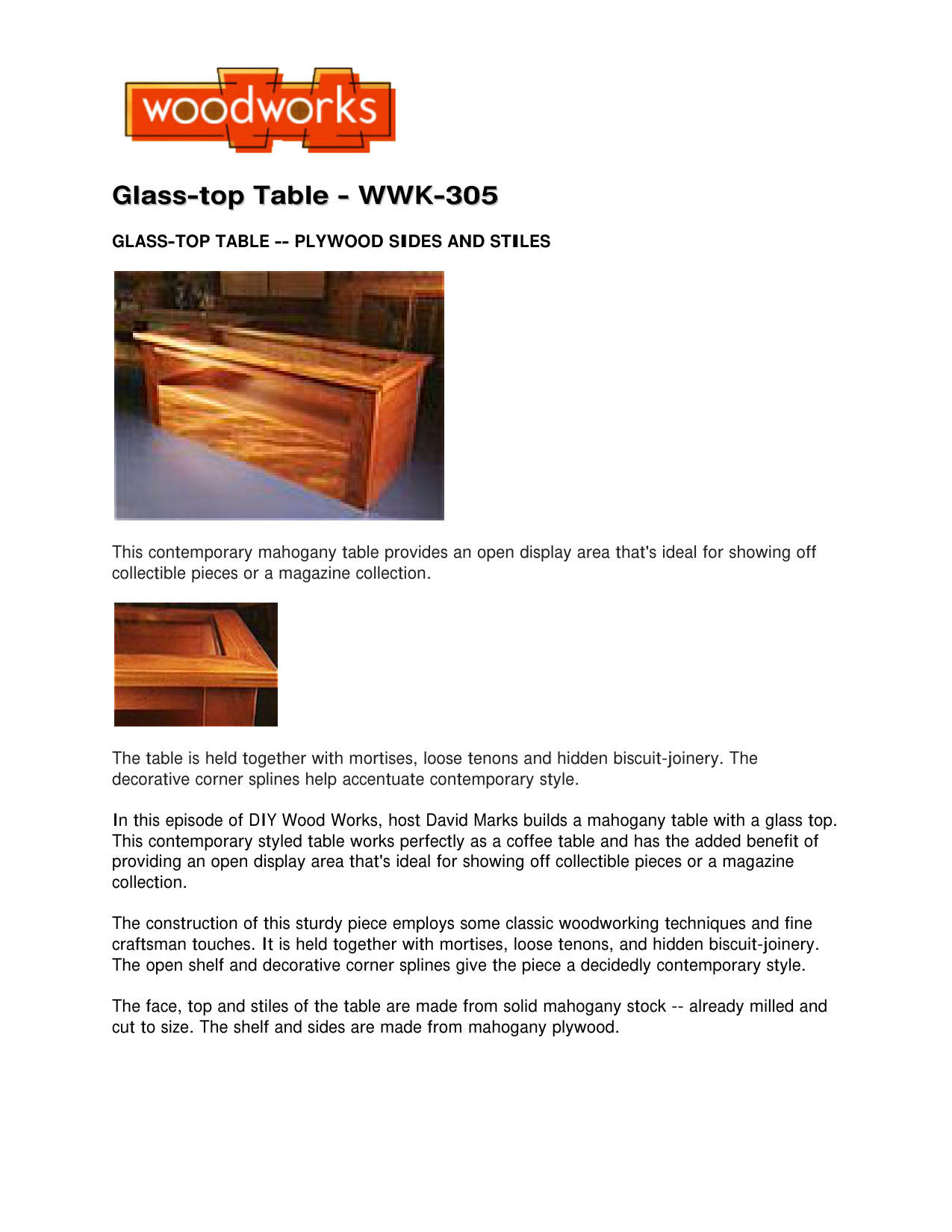 Glass Top Table WWK-305 Woodworking Plans - Complete Build Guide PDF