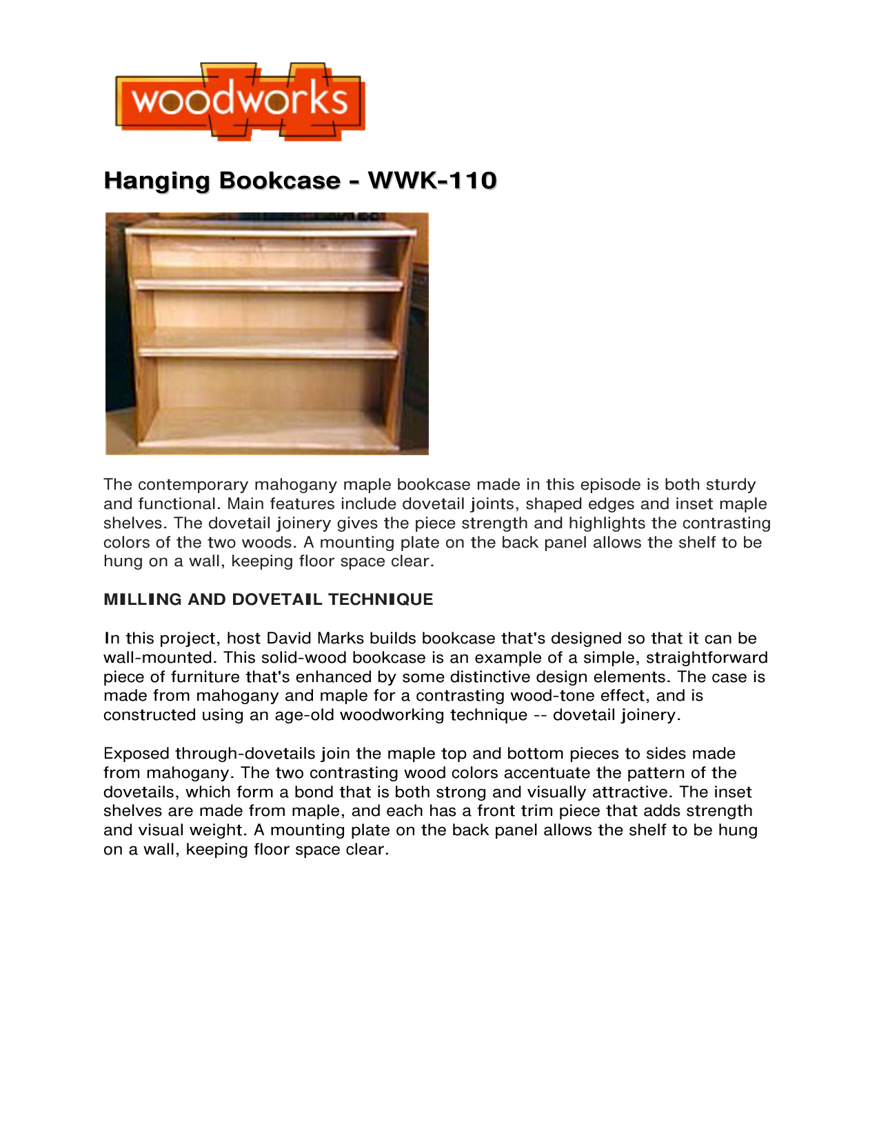 Hanging Bookcase WWK-110 Dovetail Woodworking Plans PDF Guide
