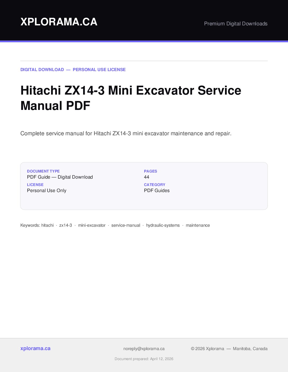 Hitachi ZX14-3 Excavator Service Manual PDF - Complete Repair Guide