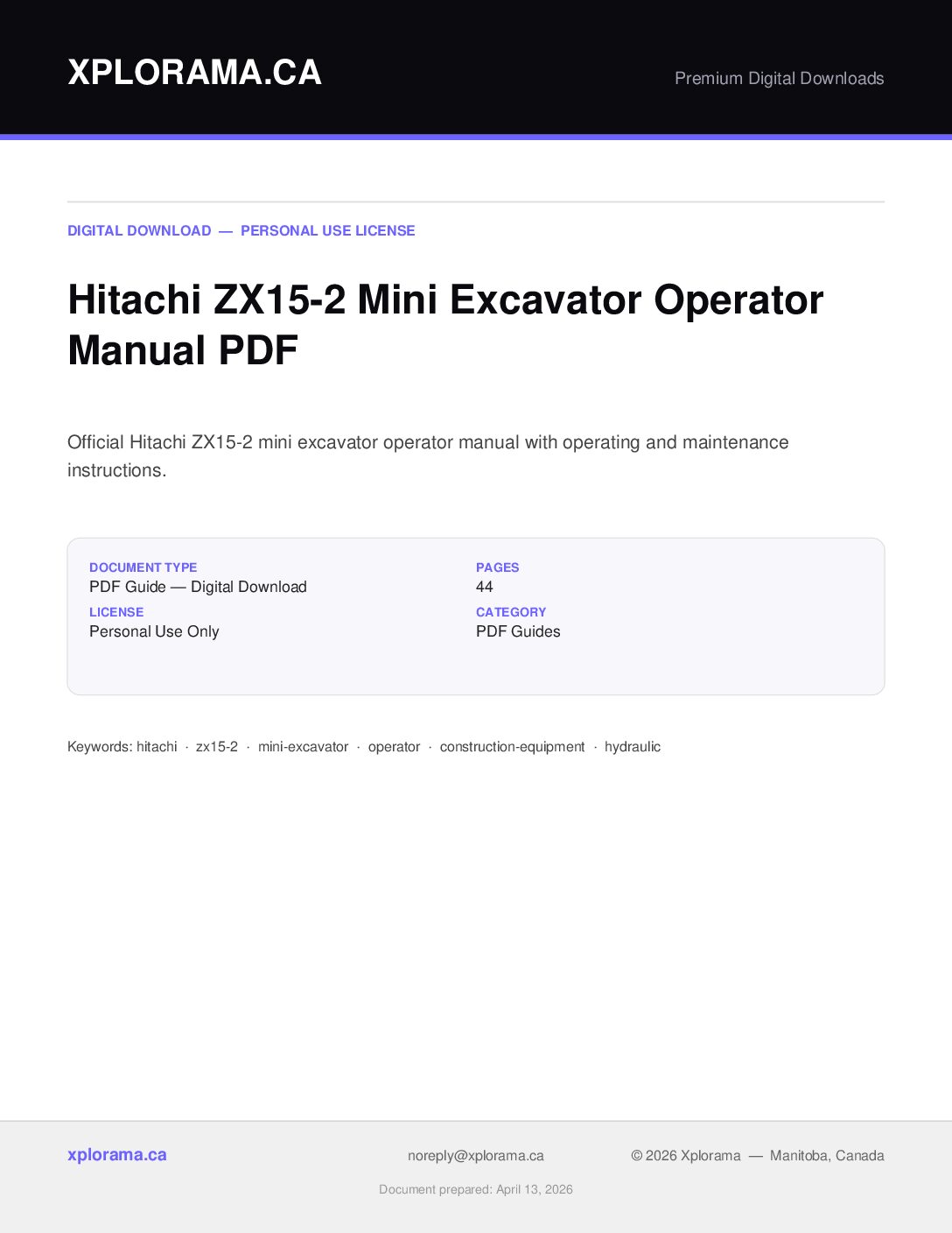 Hitachi ZX15-2 Excavator Operator Manual PDF Instant Download