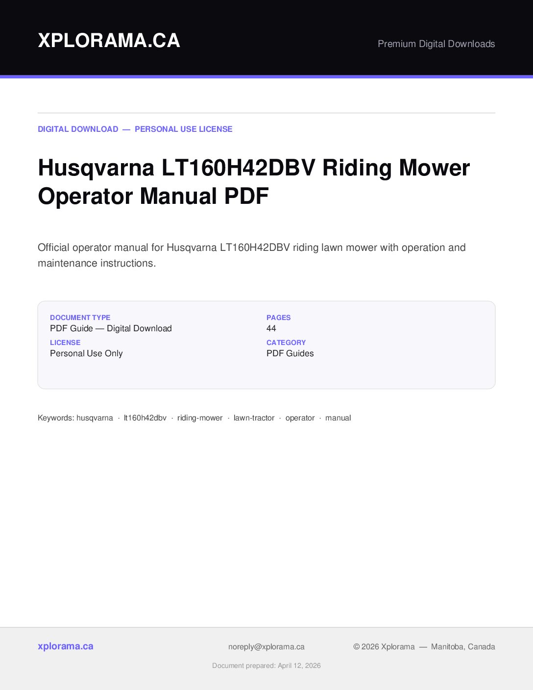 Husqvarna LT160H42DBV Lawn Tractor Operator Manual PDF Download