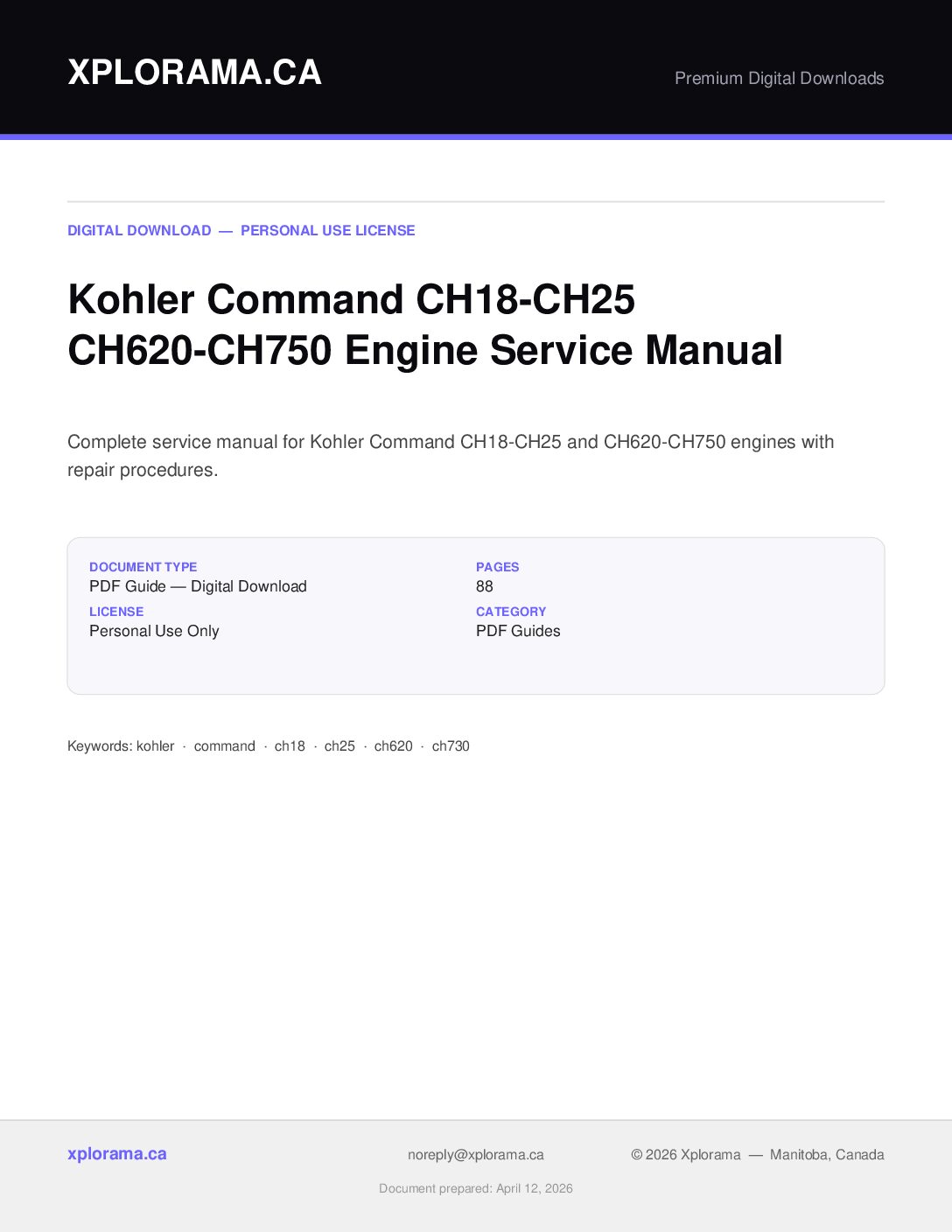 Kohler Command CH18 CH25 CH620 CH750 Engine Service Manual PDF