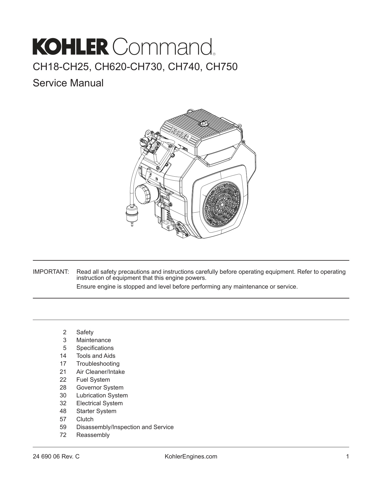Kohler Command CH18 CH25 CH620 CH750 Engine Service Manual PDF