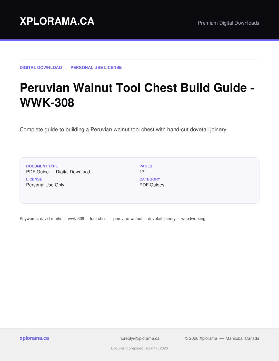 Peruvian Walnut Tool Chest Woodworking Plans WWK-308 PDF Guide