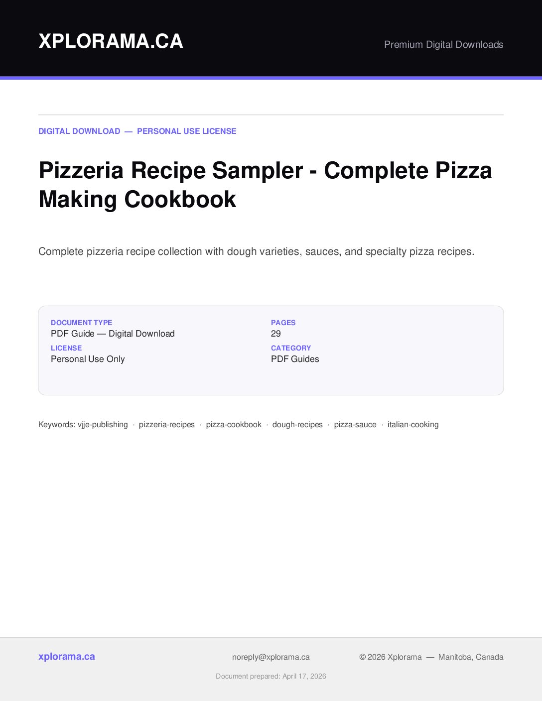 Pizzeria Recipe Sampler Cookbook - Professional Pizza Making Guide