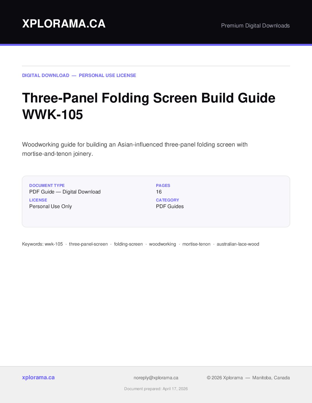 Three Panel Folding Screen Woodworking Plans WWK-105 PDF Guide