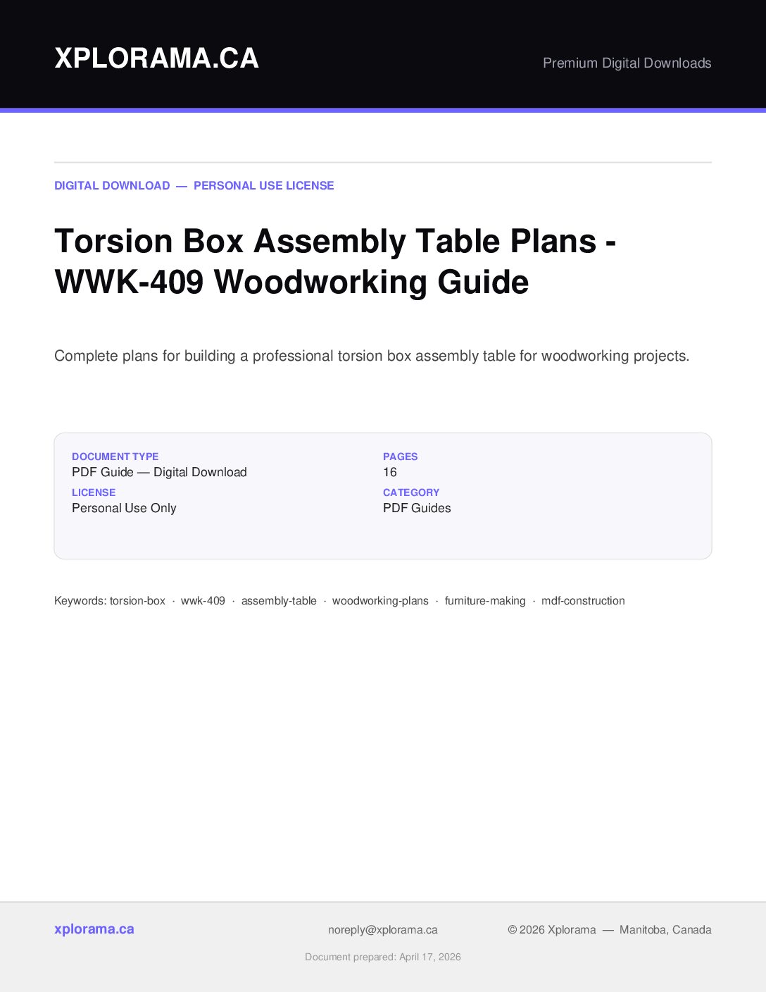 Torsion Box Assembly Table Woodworking Plans WWK-409 PDF Guide