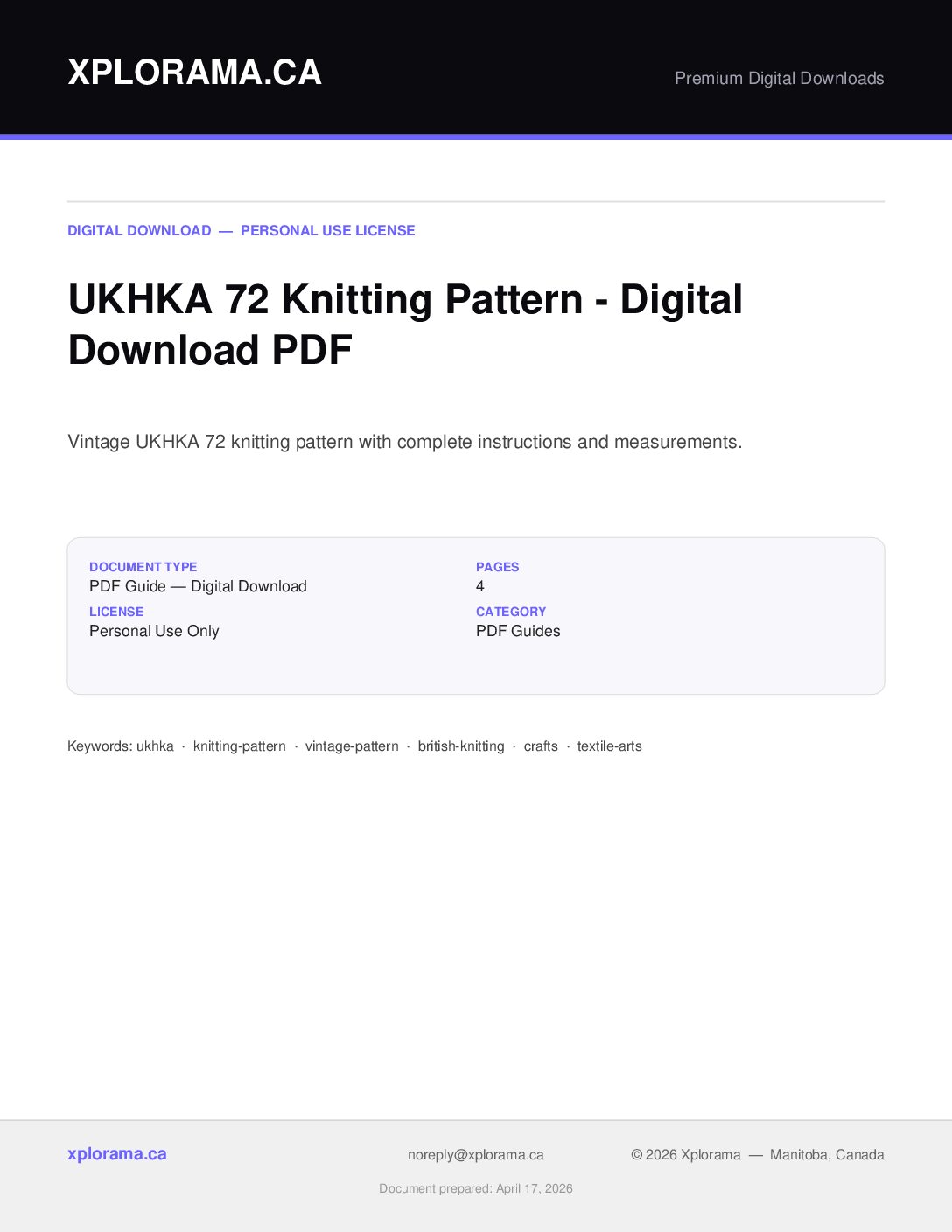 UKHKA 72 Knitting Pattern - Vintage PDF Digital Download