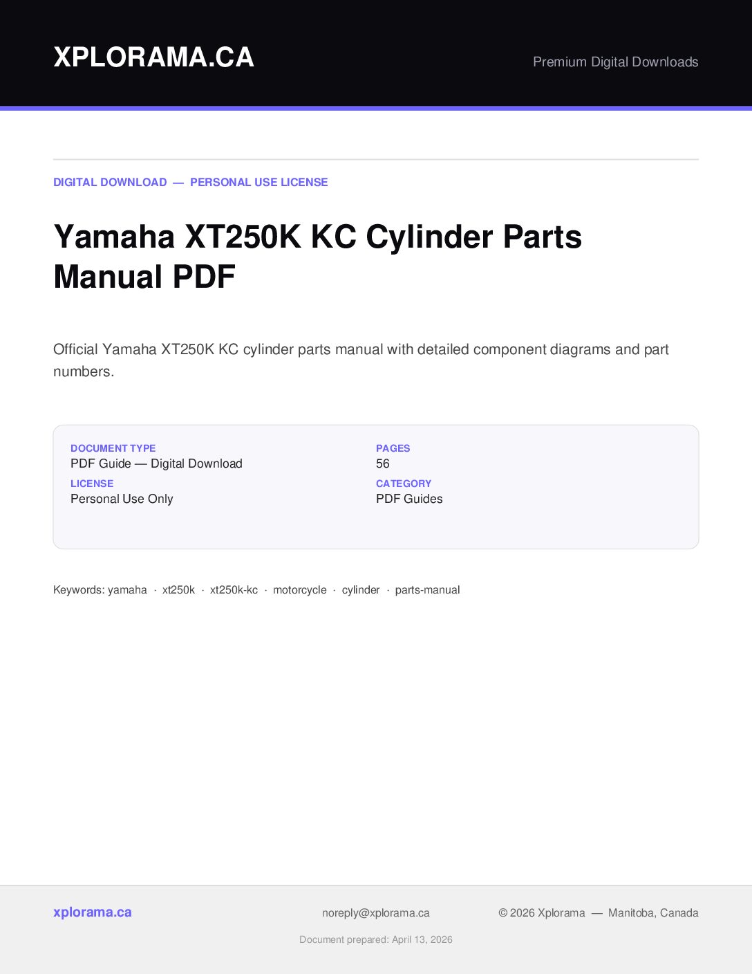Yamaha XT250K KC Cylinder Parts Manual PDF Instant Download
