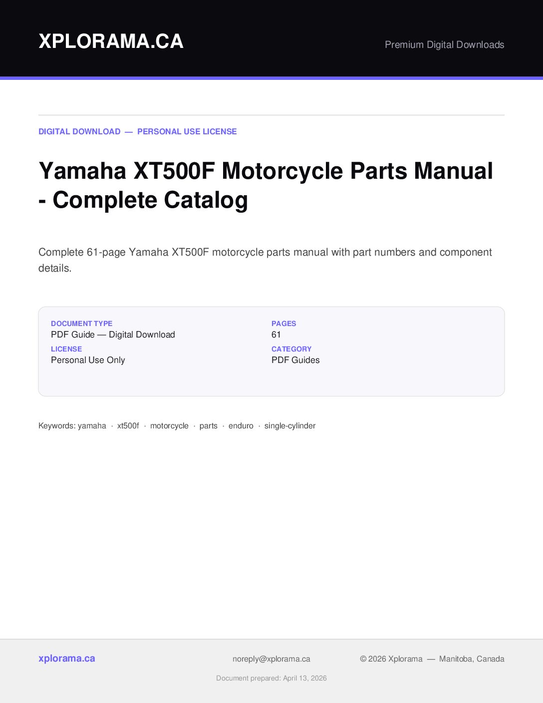 Yamaha XT500F Parts Manual PDF - Complete Parts Catalog Guide