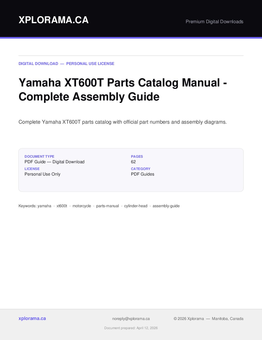 Yamaha XT600T Parts Catalog Manual - Complete PDF Download