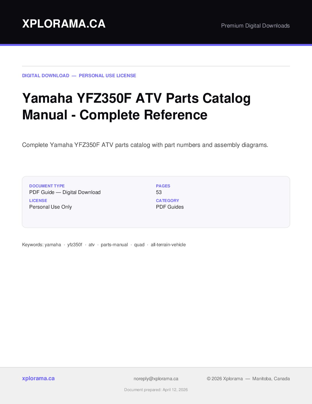 Yamaha YFZ350F Parts Catalog Manual - Complete Parts Diagrams PDF