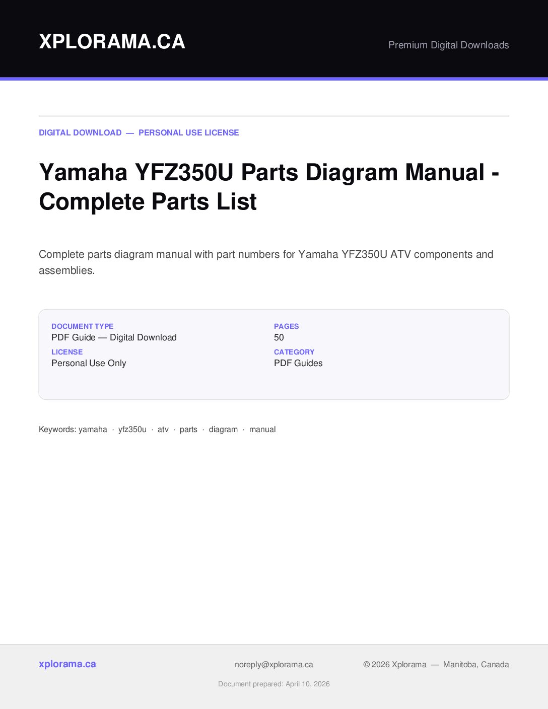 Yamaha YFZ350U Parts Diagram Manual PDF - Instant Download