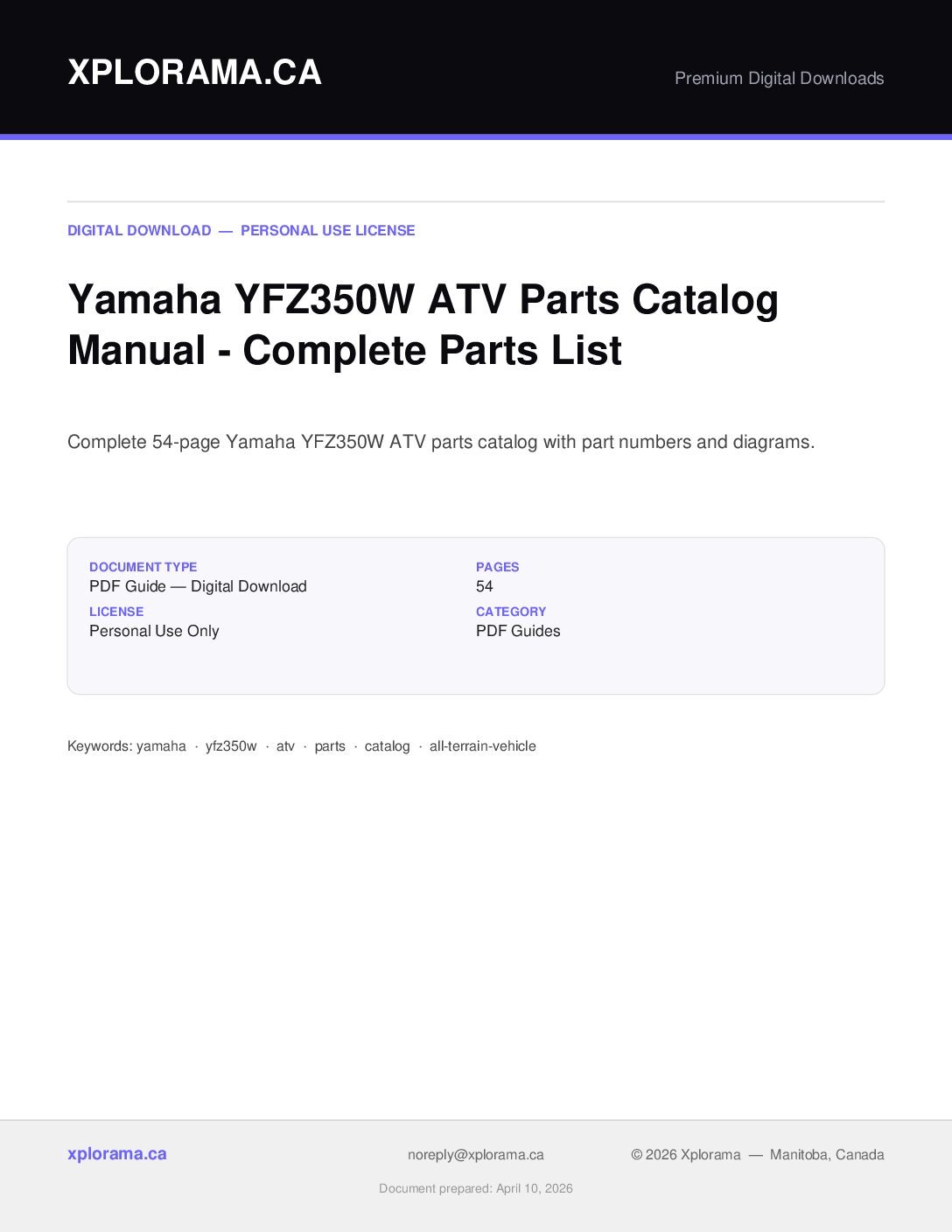 Yamaha YFZ350W Parts Catalog Manual - Complete PDF Guide