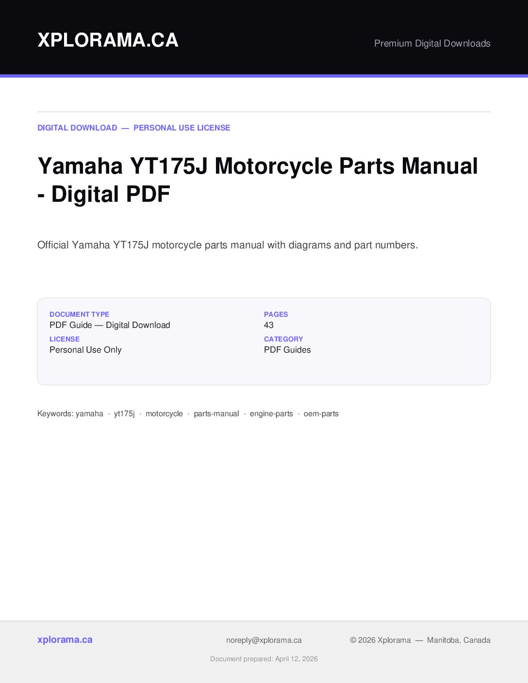 Yamaha YT175J Motorcycle Parts Manual - Complete PDF Guide