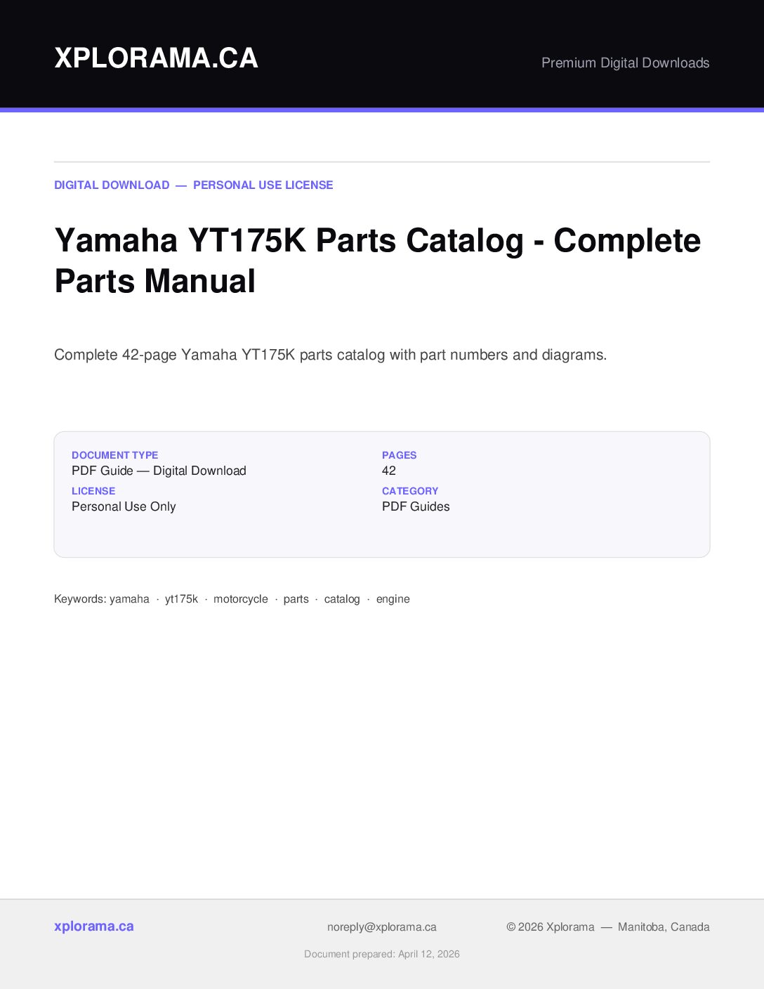 Yamaha YT175K Parts Catalog Manual - Complete Parts Diagrams PDF