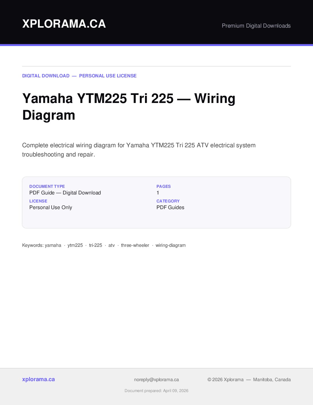 Yamaha YTM225 Tri-225 ATV Wiring Diagram PDF - Electrical Manual