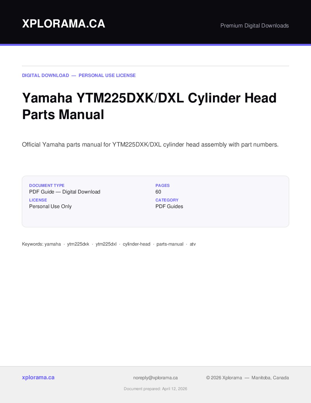 Yamaha YTM225DXK DXL Cylinder Head Parts Manual PDF Download