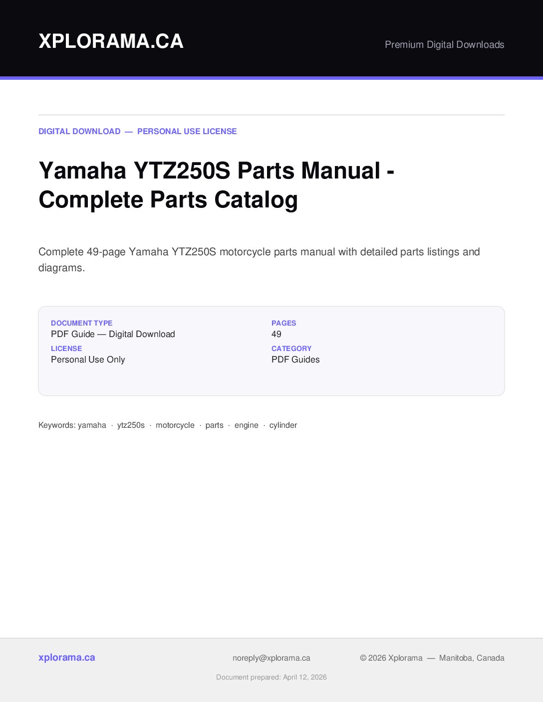 Yamaha YTZ250S Parts Manual PDF - Complete Parts Diagrams Guide