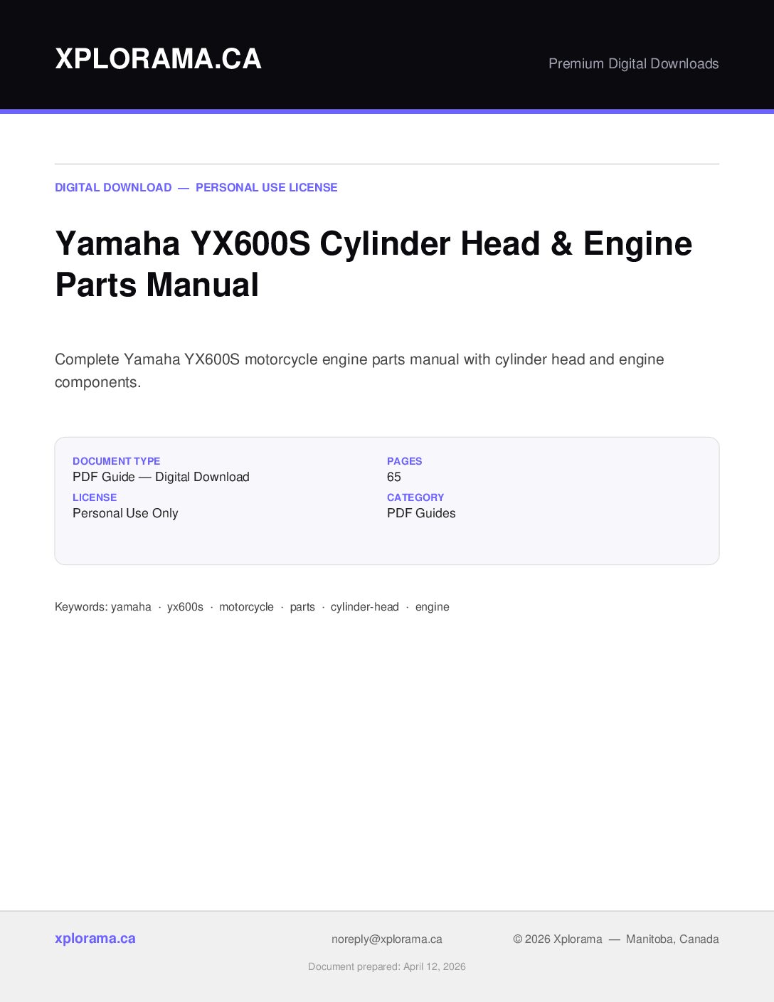 Yamaha YX600S Cylinder Head Parts Manual PDF - Instant Download