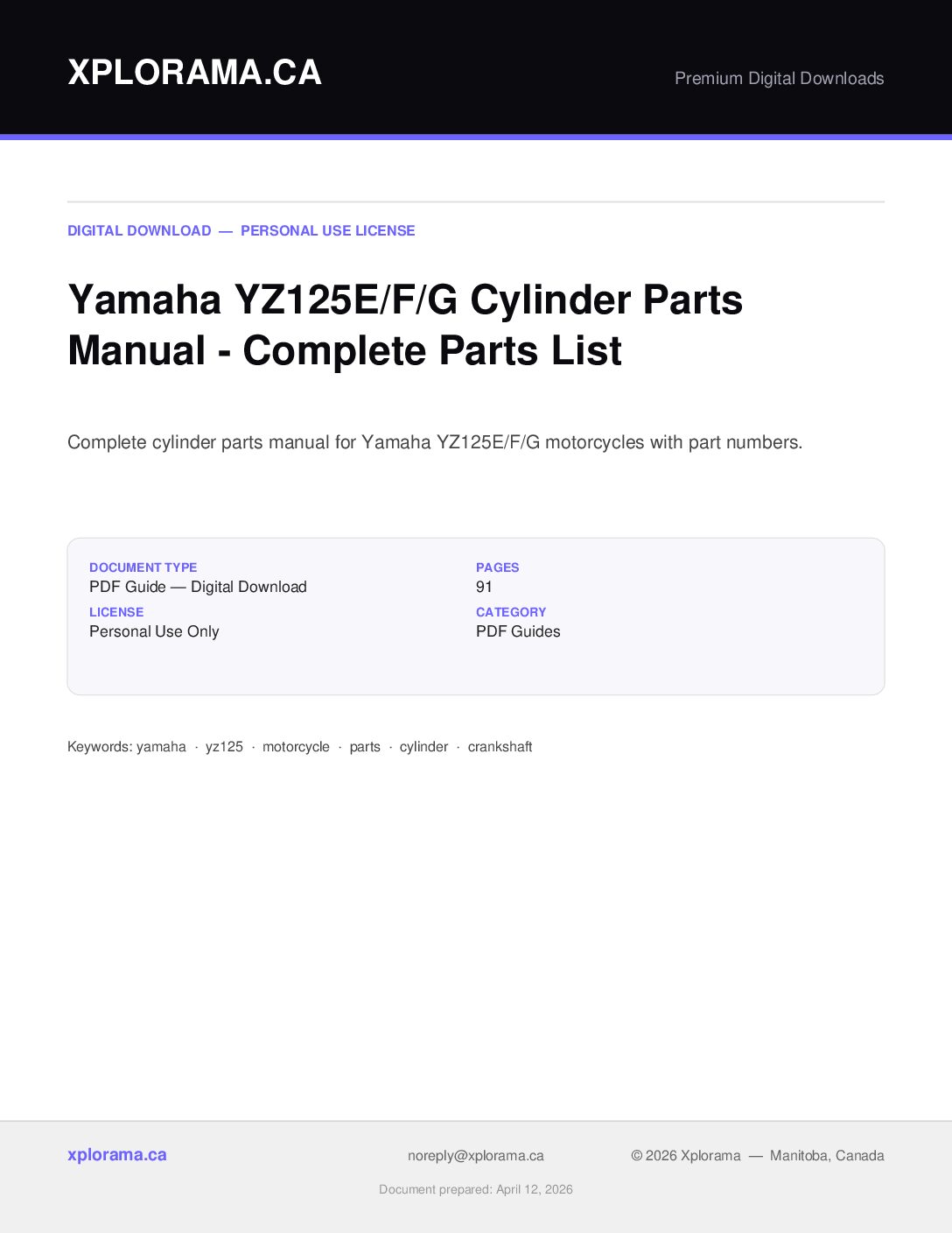 Yamaha YZ125E YZ125F YZ125G Cylinder Parts Manual PDF Download