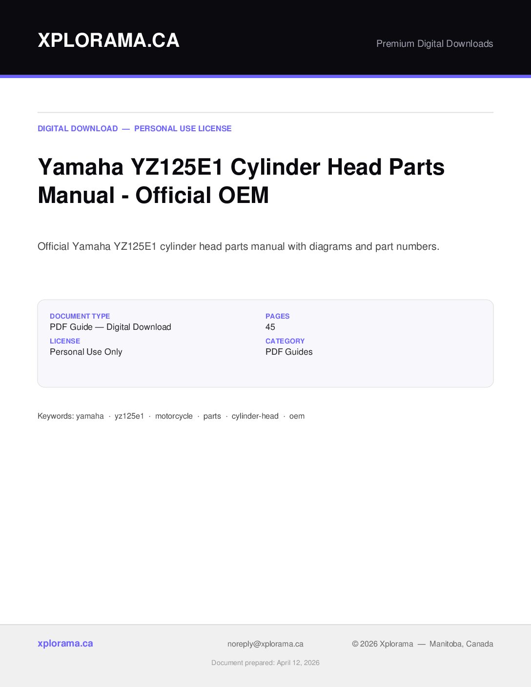 Yamaha YZ125E1 Cylinder Head Parts Manual PDF - Instant Download