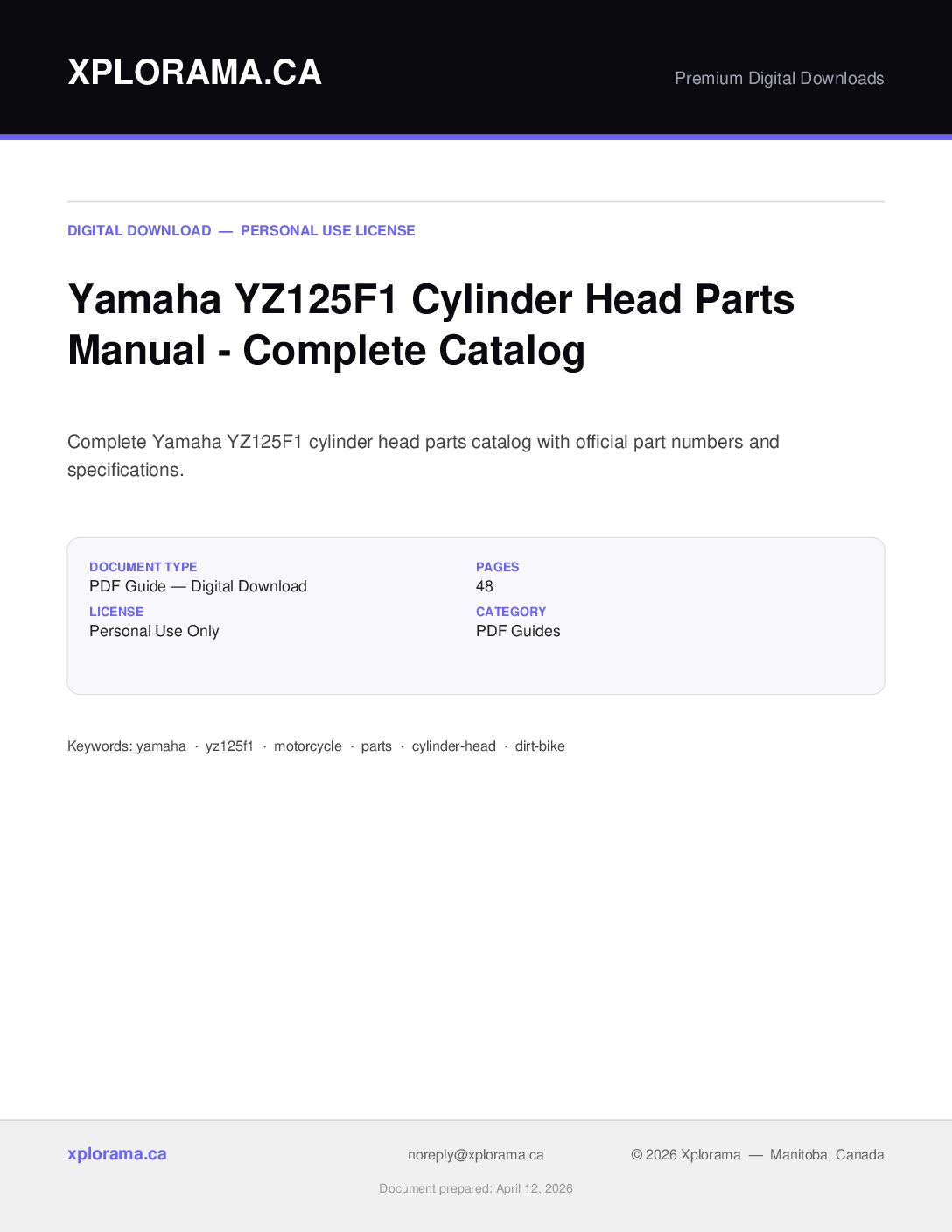 Yamaha YZ125F1 Cylinder Head Parts Manual PDF - Instant Download