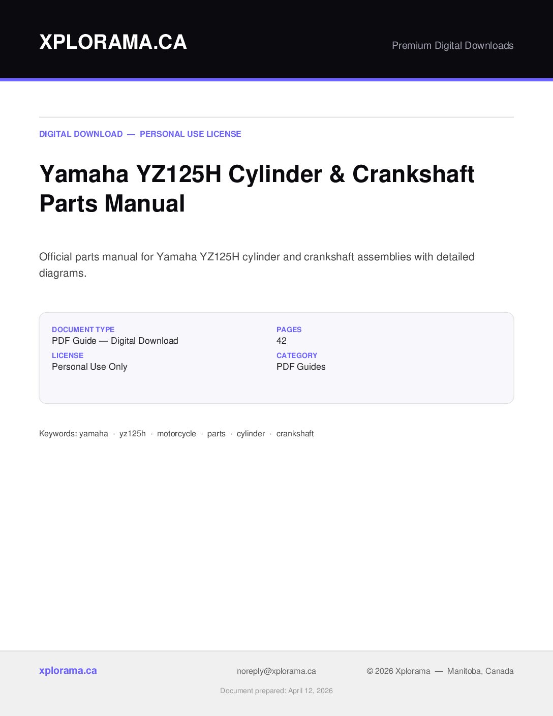 Yamaha YZ125H Cylinder Parts Manual PDF - Instant Download