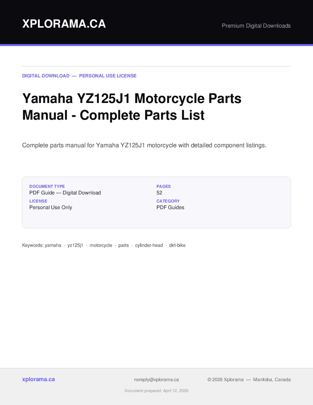 Yamaha YZ125J1 Parts Manual - Official PDF Parts Catalog