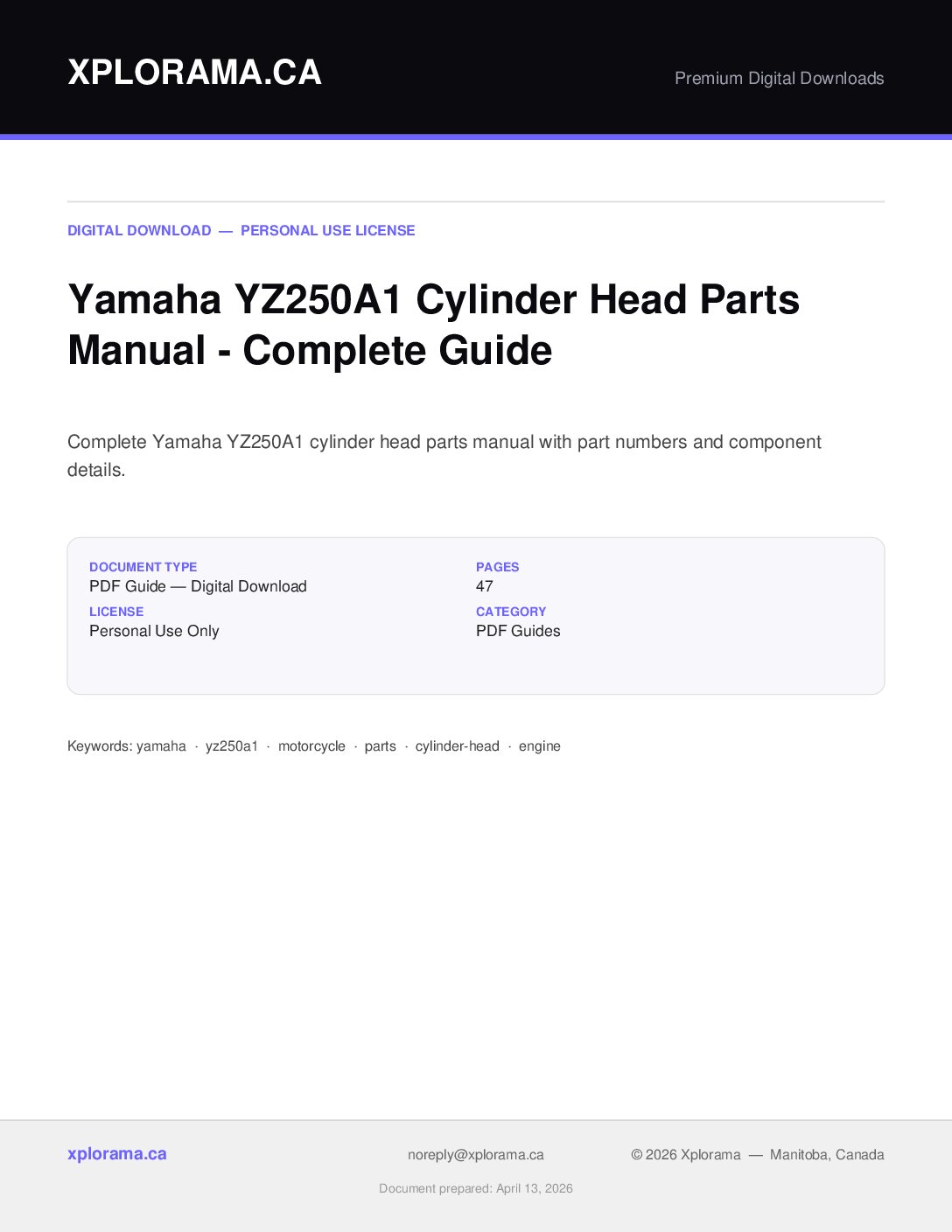 Yamaha YZ250A1 Cylinder Head Parts Manual PDF Digital Download
