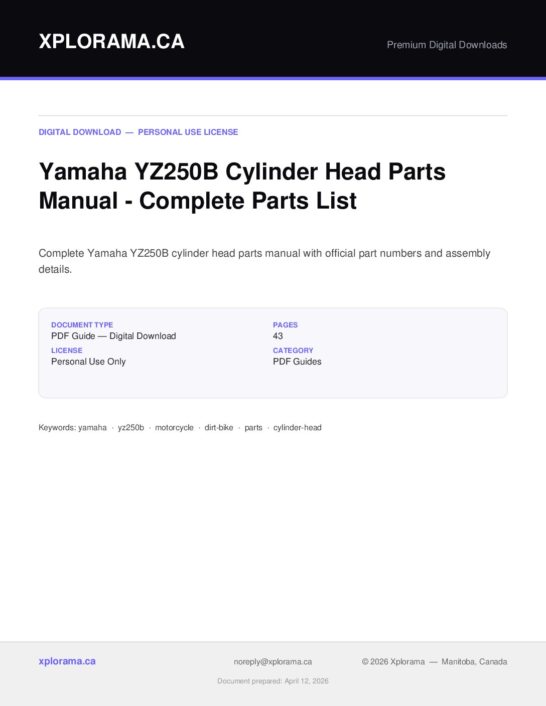 Yamaha YZ250B Cylinder Head Parts Manual - Complete PDF Guide