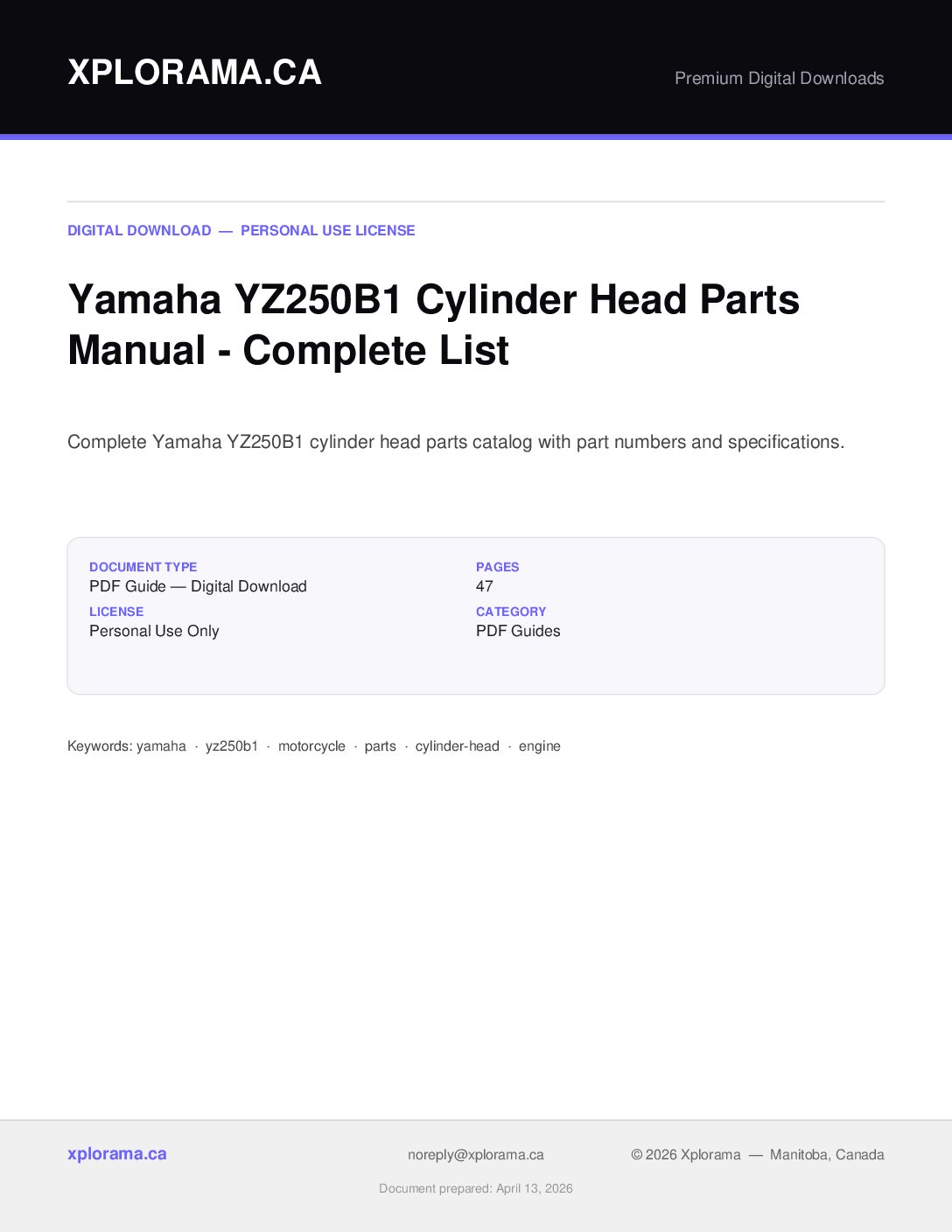 Yamaha YZ250B1 Cylinder Head Parts Manual PDF Digital Download