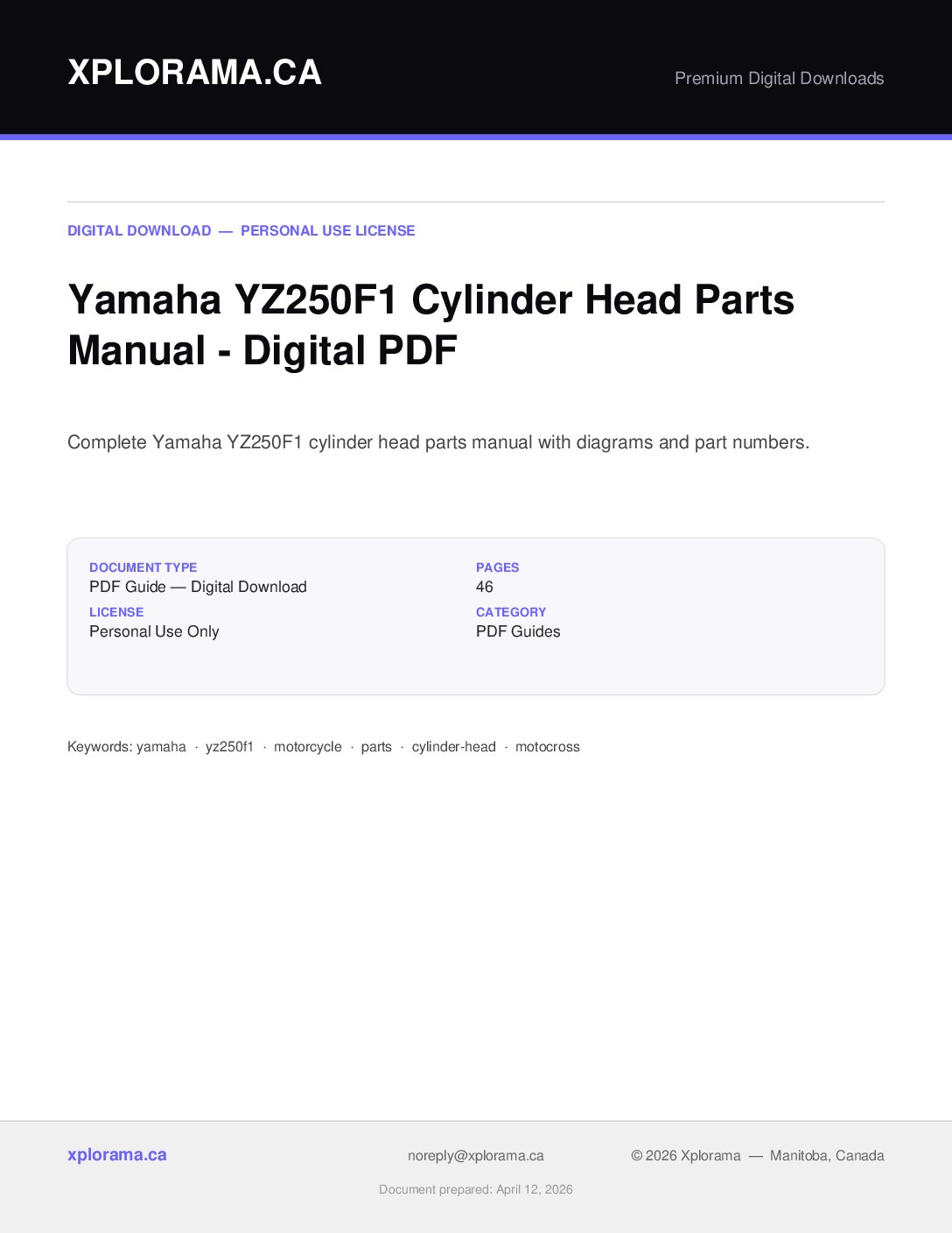 Yamaha YZ250F1 Cylinder Head Parts Manual PDF - Instant Download
