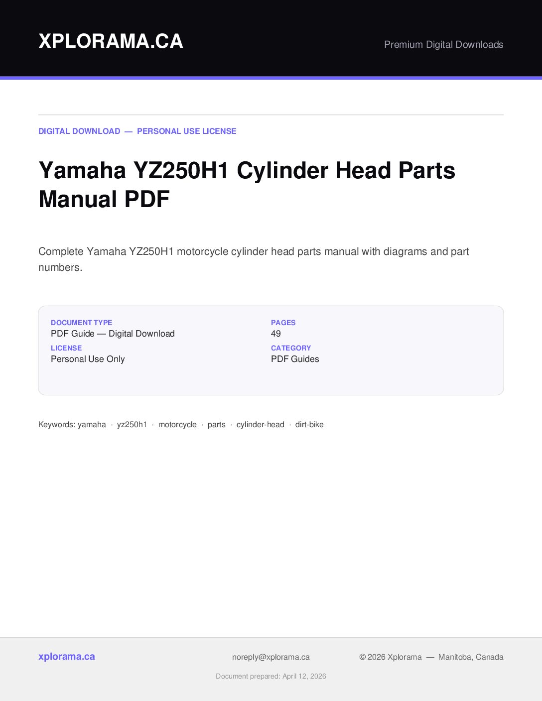 Yamaha YZ250H1 Cylinder Head Parts Manual PDF Download