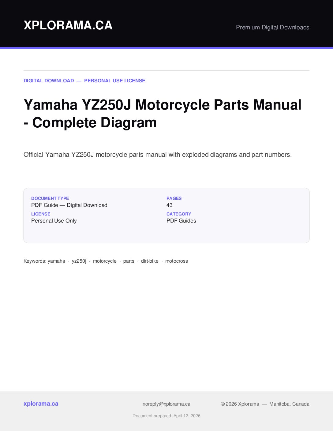 Yamaha YZ250J Parts Diagram Manual - Complete Parts Breakdown PDF