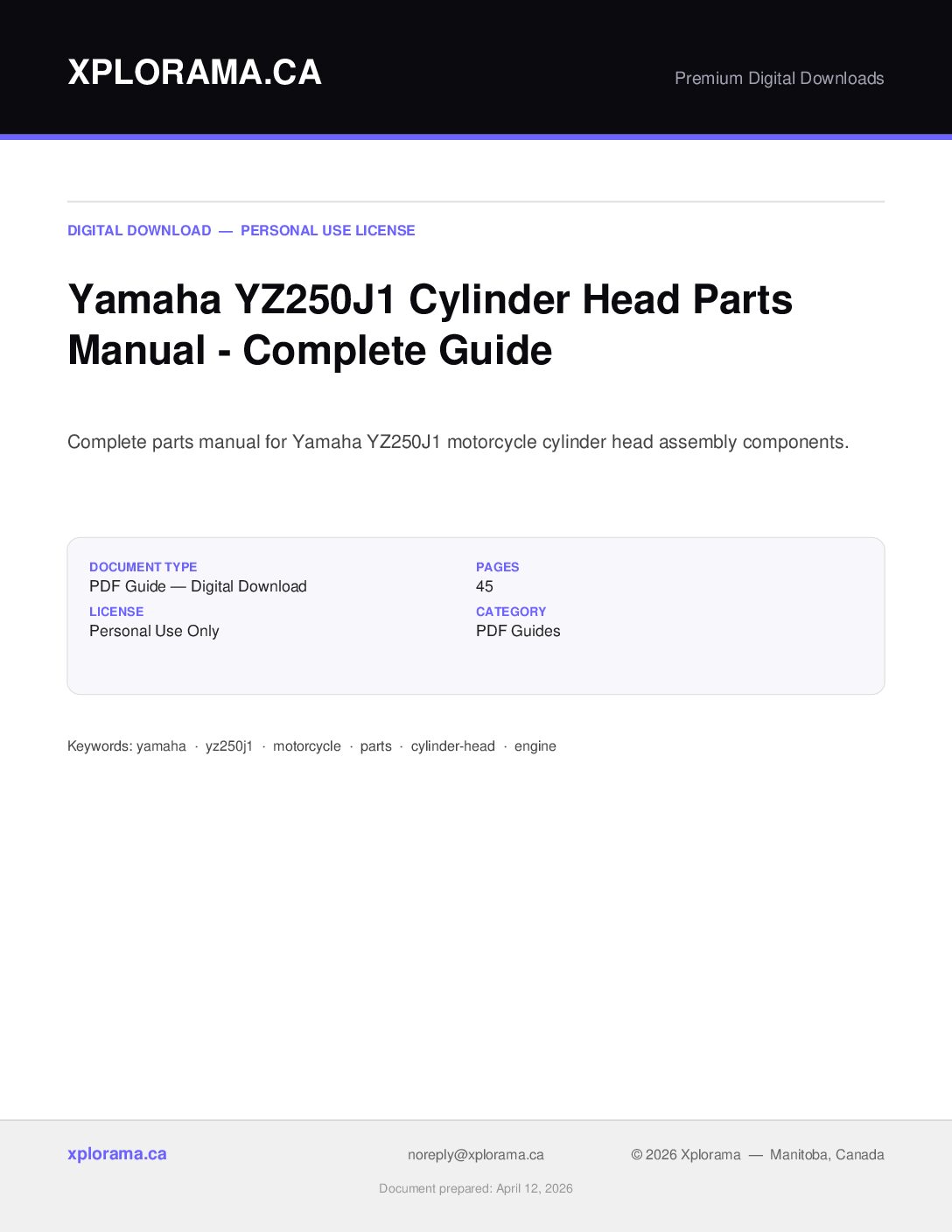 Yamaha YZ250J1 Cylinder Head Parts Manual - Vintage PDF Download