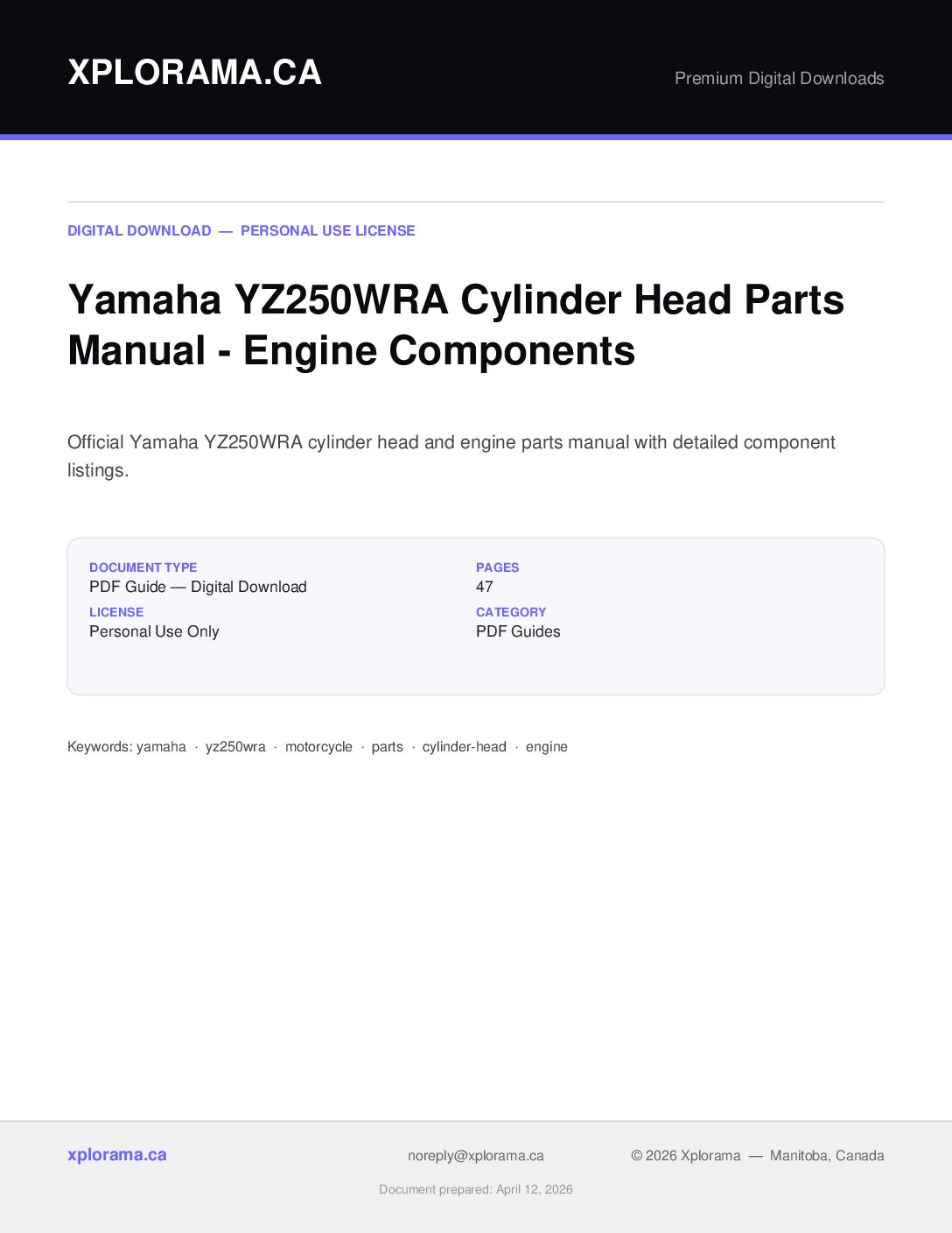 Yamaha YZ250WRA Cylinder Head Parts Manual PDF - Instant Download