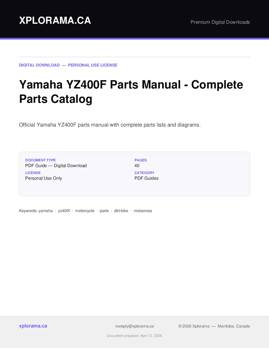 Yamaha YZ400F Parts Manual - Complete Parts Catalog PDF Download
