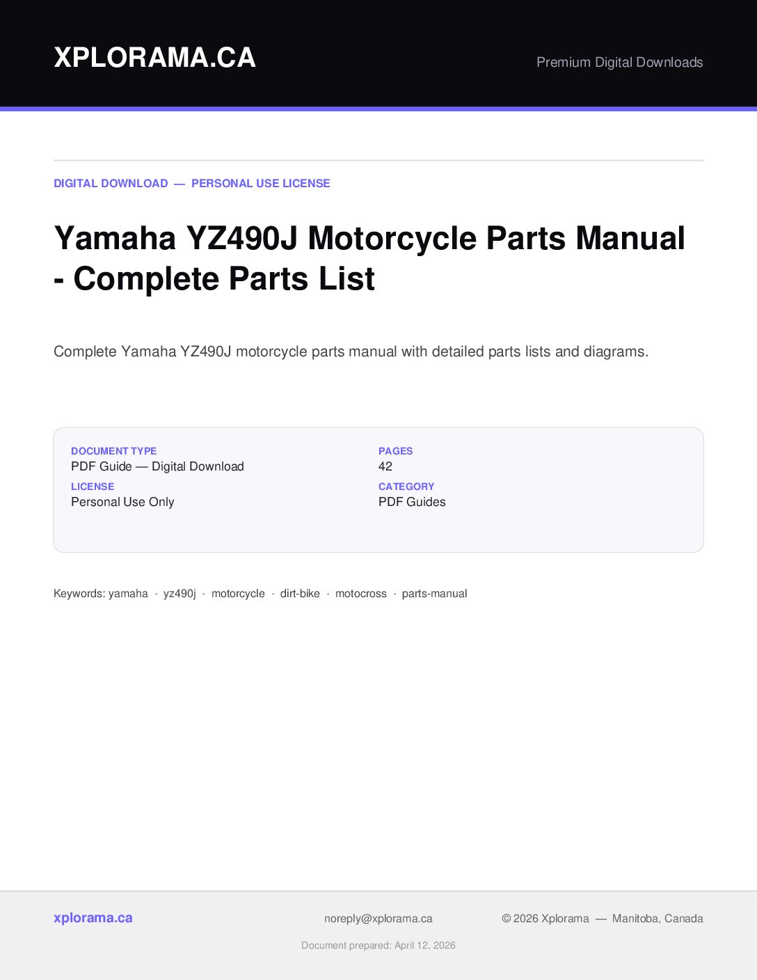 Yamaha YZ490J Motorcycle Parts Manual PDF - Complete Guide