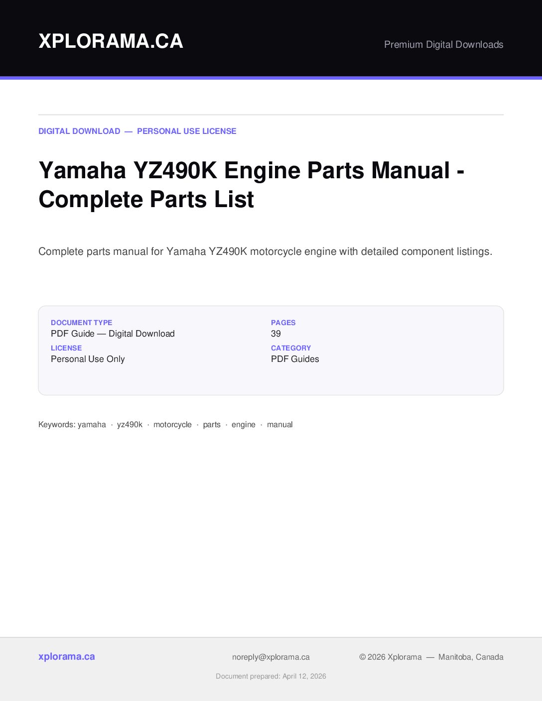 Yamaha YZ490K Engine Parts Manual - Complete PDF Reference Guide